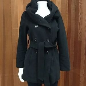 Black wool trench peacoat w/hood and belt